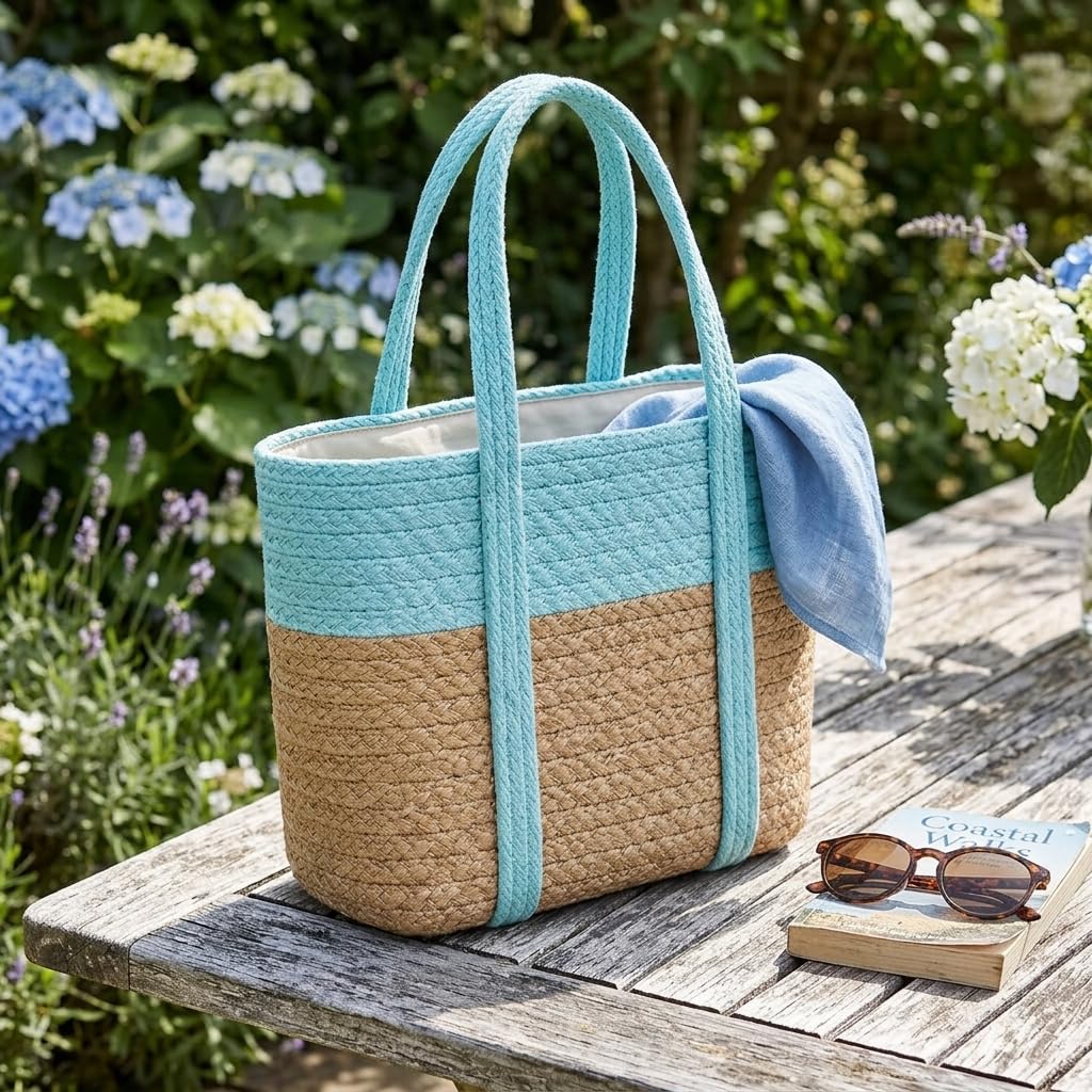Loom & Luster Handwoven Jute Tote Bag Dual Tone Summer Shoulder Bag | Lightweight Eco-Friendly Handbag for girls and woman (Beige & Aqua)