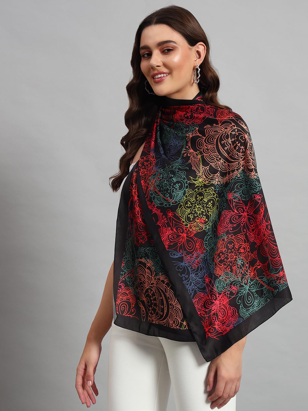 Ravaiyaa - Attitude is everything Women Lightweight Printed 100% Satin Silk Scarf Stoles for Female Breathable Neckerchief Head Beach Wrap Scarves (Black Butterfly, 70 X 20 Inch)