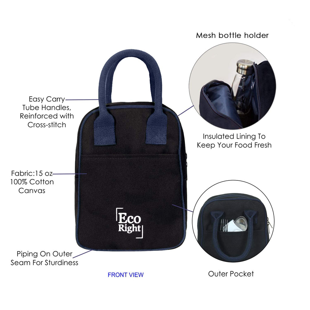 Eco Right Large Canvas Tote Bag for Women, Zipper Handbag with Inner Pocket + Insulated Lunch Bag for Women & Men, Tiffin Bag with Bottle Holder & Pocket – Combo for Office & Daily Use
