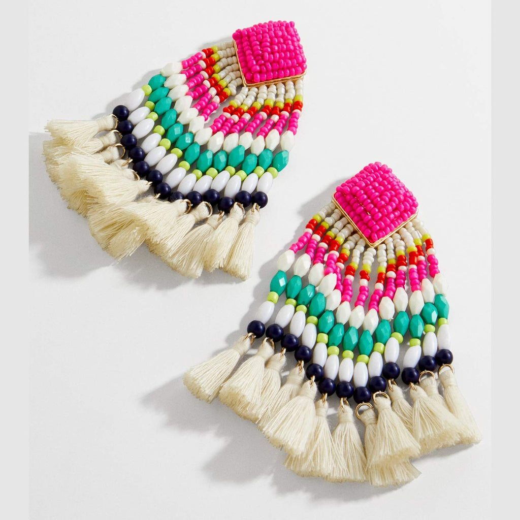 Young & Forever Gift Women's Special Boho Carnival Sea Island Long Tassel Handmade Pink Statement Beads Dangle Earrings Ethnic Jewelry