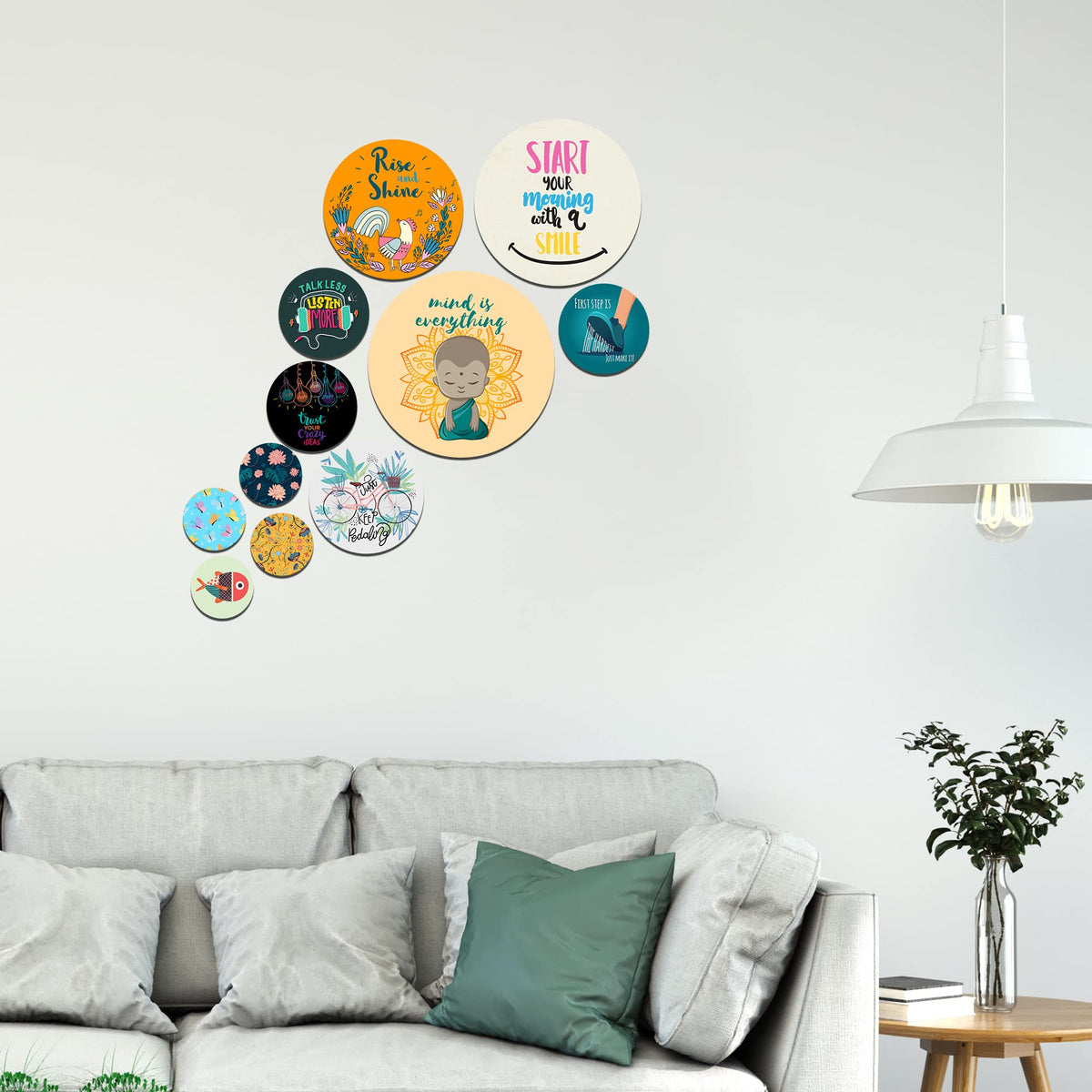 Artvibes Start Your Morning With A Smile Decorative Round Shape MDF Wooden Wall Hanging | Quotes Decor Item | Wall Poster | Office Decor | Mdf Wall Decoration | Gift Items (WPS_113N), Set of 11