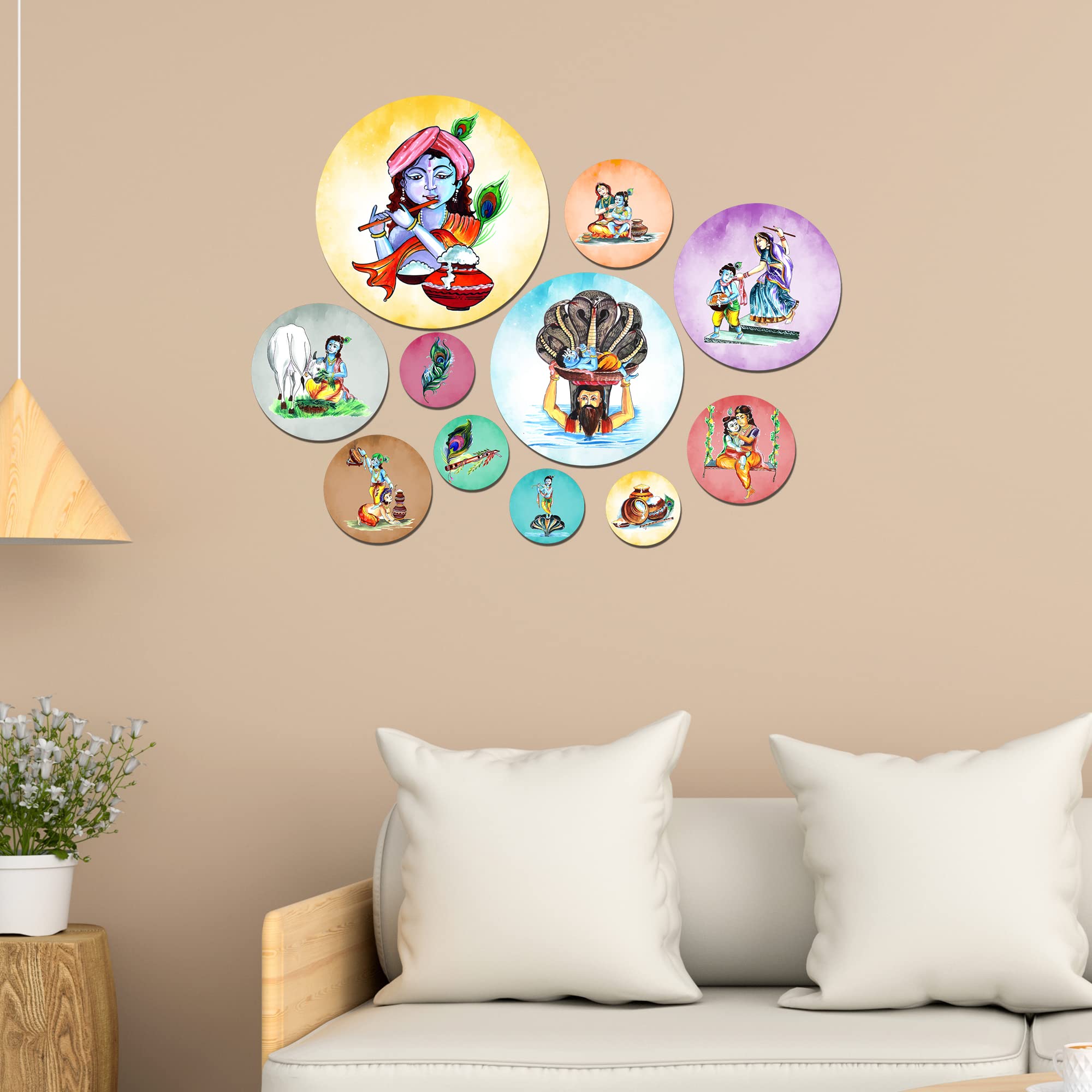 Artvibes Lord Krishna in Different Types Activities Round Shape MDF Wooden Wall Decor Items | Spiritual Decor Items | Wall Poster | Artwork | Painting | Gift Items (WPS_118N), Set of 11