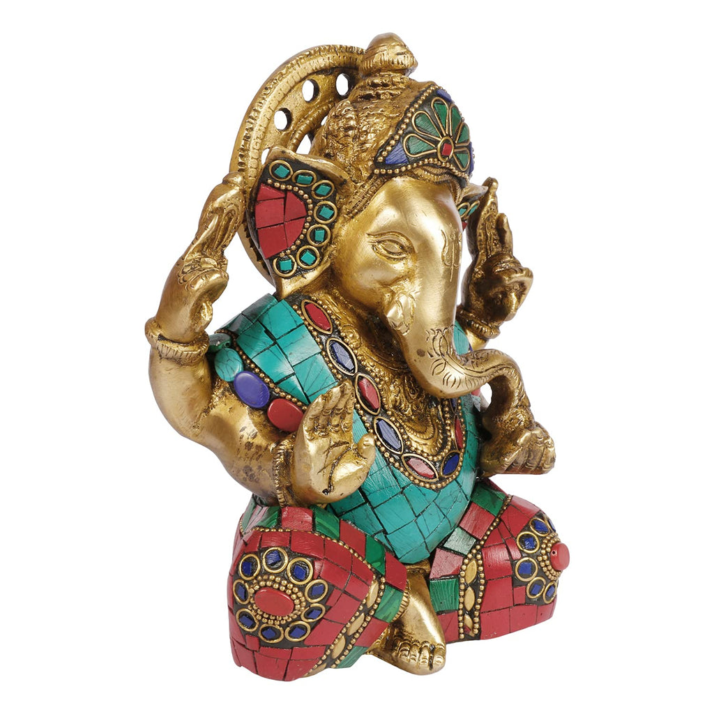 Artvarko Brass Inlay Work Ganesha Bhagwan Moorti Idol Ganapati Vinayak Bighna Harta Murti for Home Decor Office Good Luck Mandir Temple Success and Prosperity Height 7 Inches