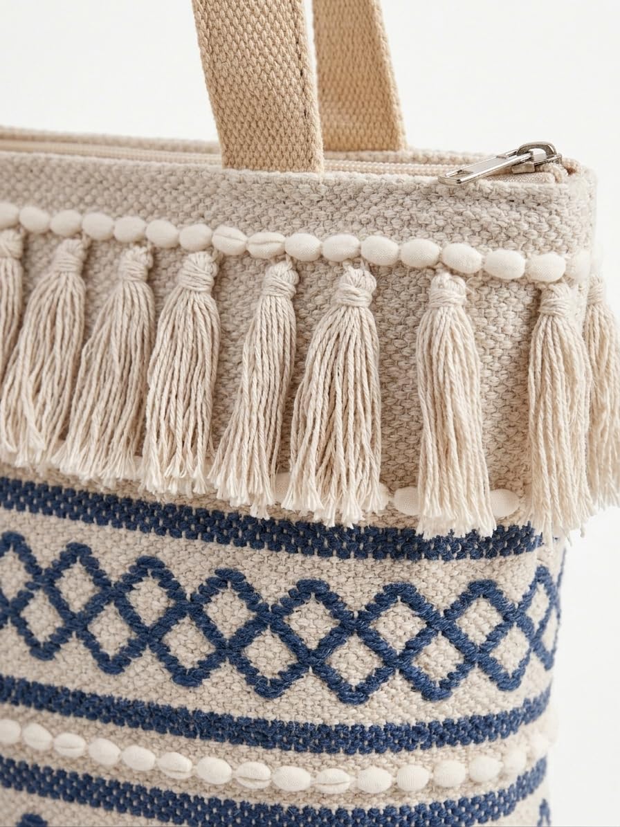 Wisdom Decor Handwoven Cotton Tote Bag with Blue Geometric Pattern, Bohemian Tassels, and Pom-Poms – Stylish Shoulder Bag for Daily Use, Beach, and Travel