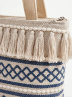 Wisdom Decor Handwoven Cotton Tote Bag with Blue Geometric Pattern, Bohemian Tassels, and Pom-Poms – Stylish Shoulder Bag for Daily Use, Beach, and Travel