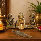 KridayKraft Laxmi Ganesh Saraswati Idol Decorative Platter with Diya and Agarbatti Stand – Perfect Diwali Gift for Pooja, Home Décor, and Festive Celebrations