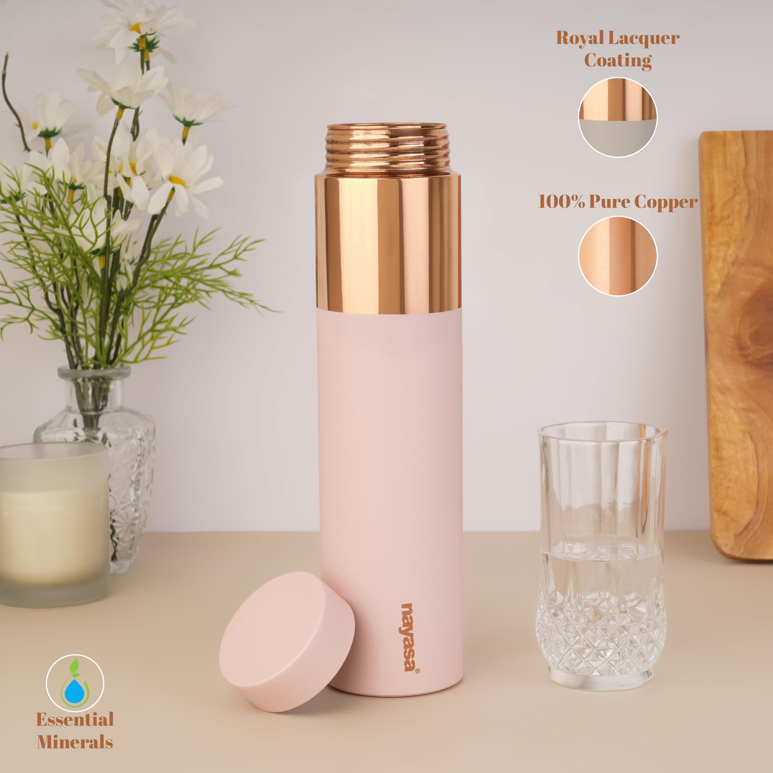 Nayasa Tower Deluxe Copper Water Bottle- 1000 ML | Leak Proof And BPA Free Premium Copper Water Bottle | Ideal For Office & Daily Use | Boosts Immunity, Supports Digestive & Liver Health | Pink