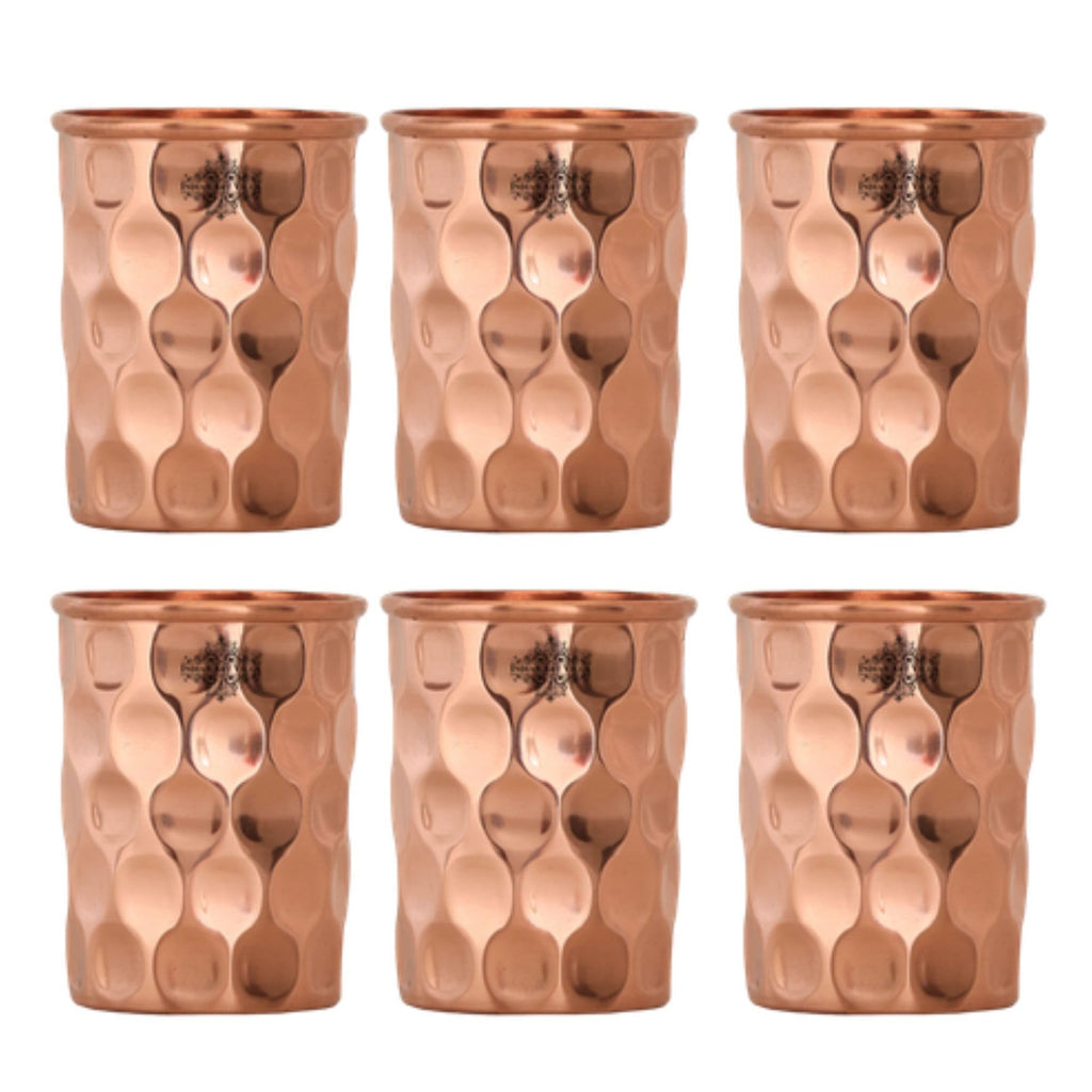 INDIAN ART VILLA Pure Copper Plain Glass with Diamond Hammered Design, Drinking Serving Water, Yoga Ayurveda, Volume-300 ml, Pack of 6