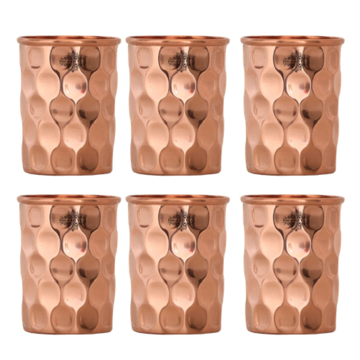 INDIAN ART VILLA Pure Copper Plain Glass with Diamond Hammered Design, Drinking Serving Water, Yoga Ayurveda, Volume-300 ml, Pack of 6