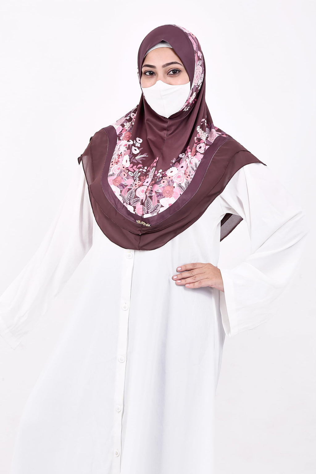 Markaz Hijab Printed Malaysian Instant Hijab for Women | Floral Border Design | Ready to Wear Modest Fashion Headscarf | Elegant Muslimah Style (DARK BROWN, L)
