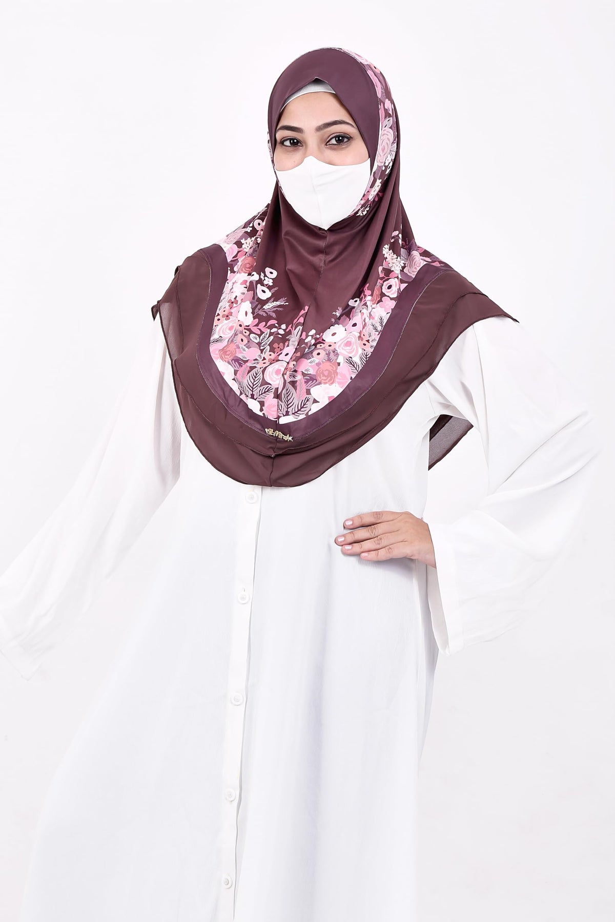 Markaz Hijab Printed Malaysian Instant Hijab for Women | Floral Border Design | Ready to Wear Modest Fashion Headscarf | Elegant Muslimah Style (DARK BROWN, L)