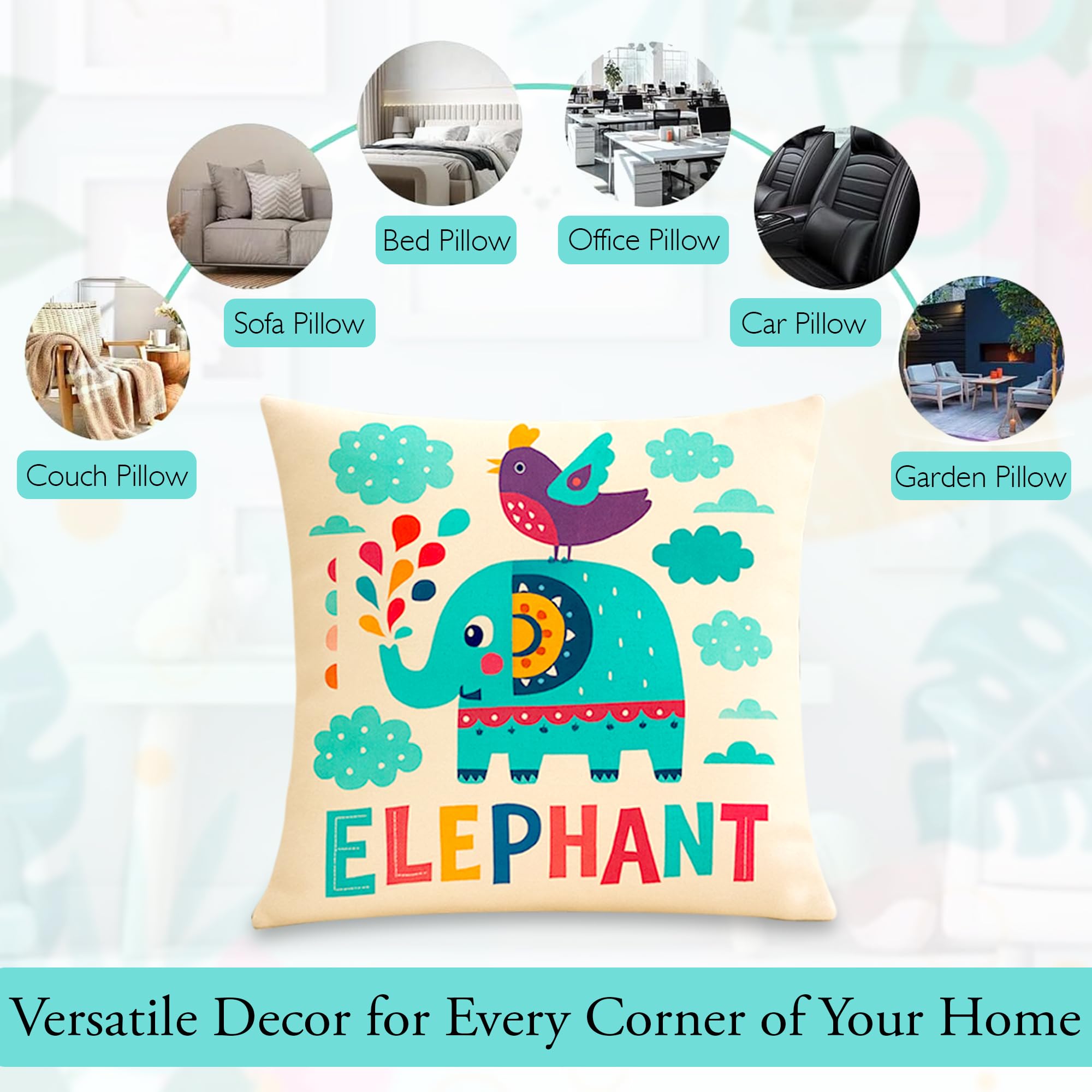 GLUN® Set of 5 Polycotton Cushion Covers, Multicolour Bohemian Elephant Print, 16 x 16 Inch Size Covers, Playful Cushion Covers for Sofa & Living Room Decor