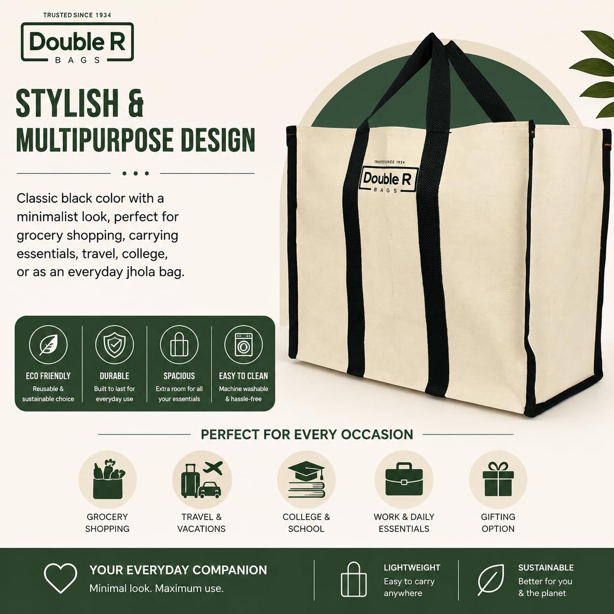 DOUBLE R BAGS Women’s Eco-Friendly Cotton Canvas Tote Bag | Big Reusable Jhola Bag for Grocery, Milk, Fruits & Vegetables with Reinforced Handles | 43x21x35 cm, 1 Compartment (Black, Pack of 1)