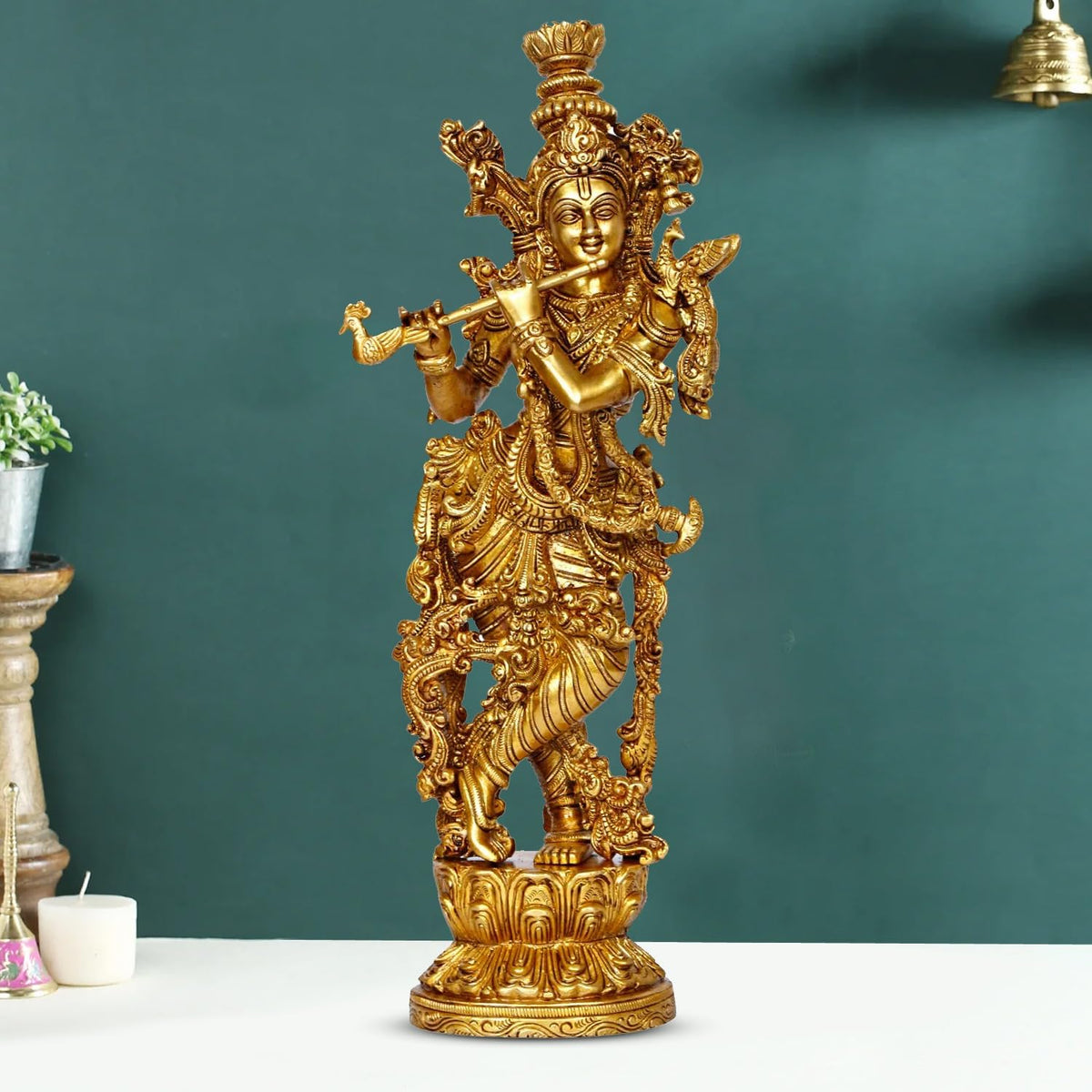 ARTVARKO™ Lord Murli Manohar Krishna Krishan Brass Statue Murti Gift & Home Décor Big Size- Height 14 Inches