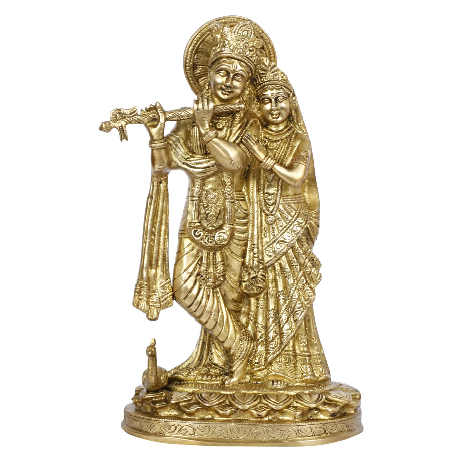 ARTVARKO Radha Krishna Brass Murti Murli Kishan Playing Flute Radha Idol Standing with Peacock for Home Mandir Decor Marriage Height 11 Inch
