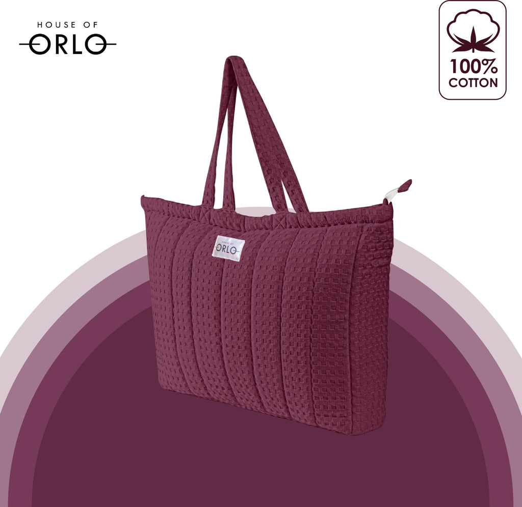 HOUSE OF ORLO Quilted 100% Cotton Waffle Weave Handmade Tote Bags with Zipper and Double Handles for Women Ideal for College, Travel, Work and Daily Use (Burgundy)