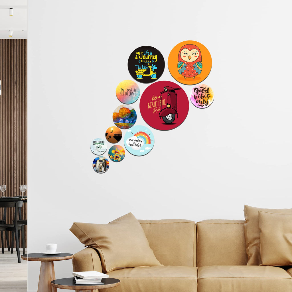 Artvibes Life Is A Journey Enjoy The Ride Decorative Round Shape MDF Wooden Wall Hanging | Quotes Decor Item | Traveller Quotes Wall Art | Wall Illustrations | Home Decor(WPS_112N), Set of 11