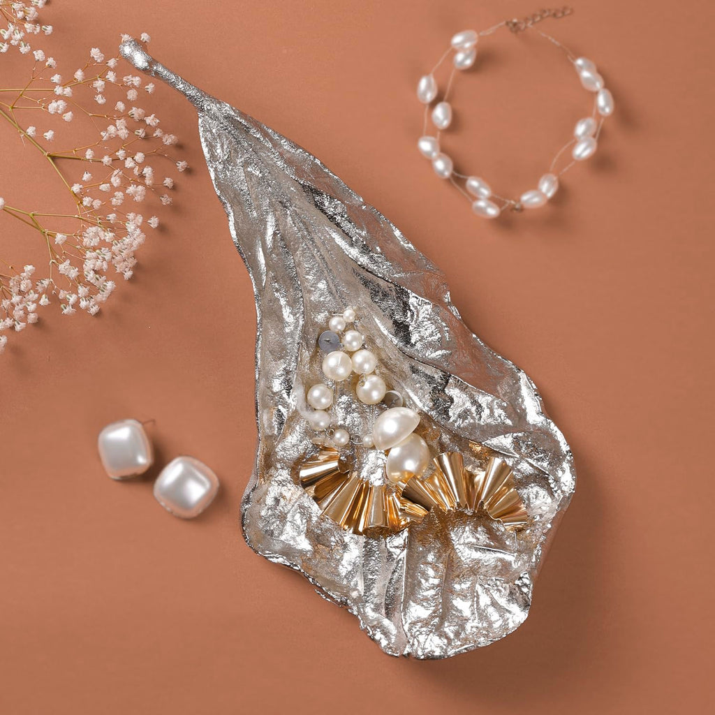 CASA Decor Royal Odyssey Silver Leaf Tray for Home Decor Gifting Item | Holi, Festival, Pooja Decorative Item for Living Room Dining Ofice Center Table (Silver,Pack of 1)