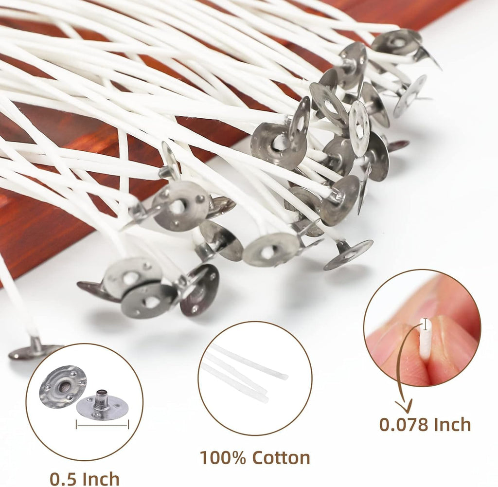 Candle Making Kit, 50 Cotton Wicks 4(10 cm), 54 Wick Stickers, 10 Wooden Wick Holders