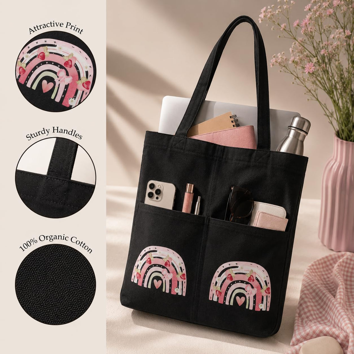 Suryatra Noir Whimsical Rainbow Canvas Tote Bag for Women & Men | Premium Cotton Canvas Shoulder Bag with Dual Front Pockets | Tote Bag for Office, College, Shopping & Travel | Black | 14 x 16 Inches