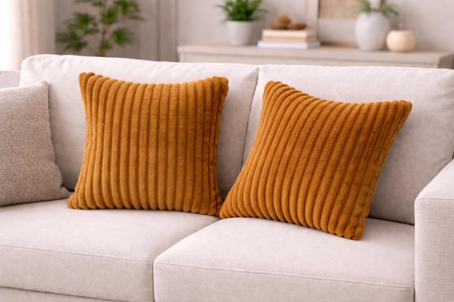 AWARD VELVETS Premium Faux Rabbit Fur Plush Luxury Soft Fluffy Striped Decorative Throw Pillow/Cushion Covers for Sofa, Couch, Living Room - (Light Brown, 16 x 16 inch) Set of 2