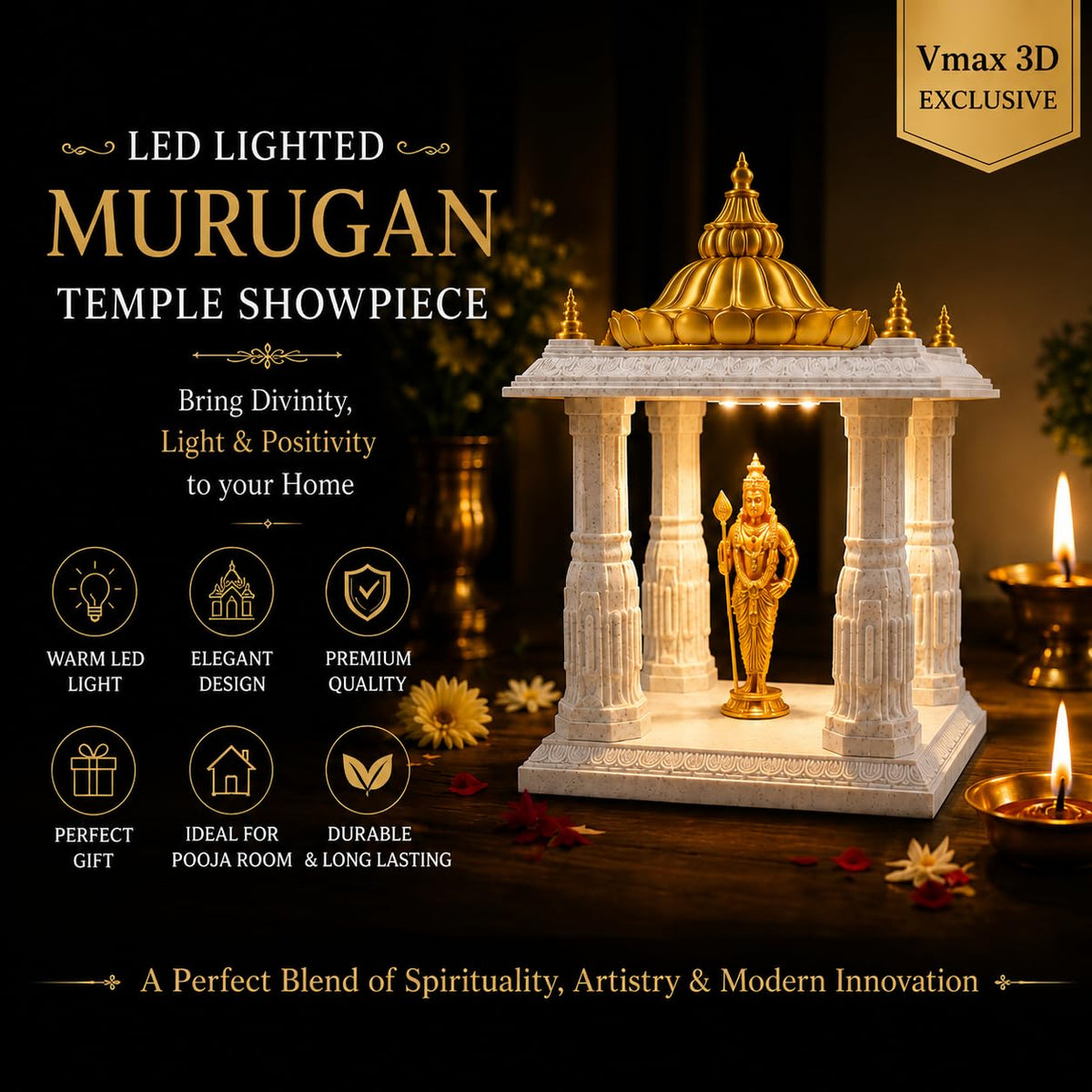 Divine Murugan Temple Showpiece with Warm LED Light, Marble White & Gold, 20 cm Height, for Pooja Room & Home Decor | Vmax3D