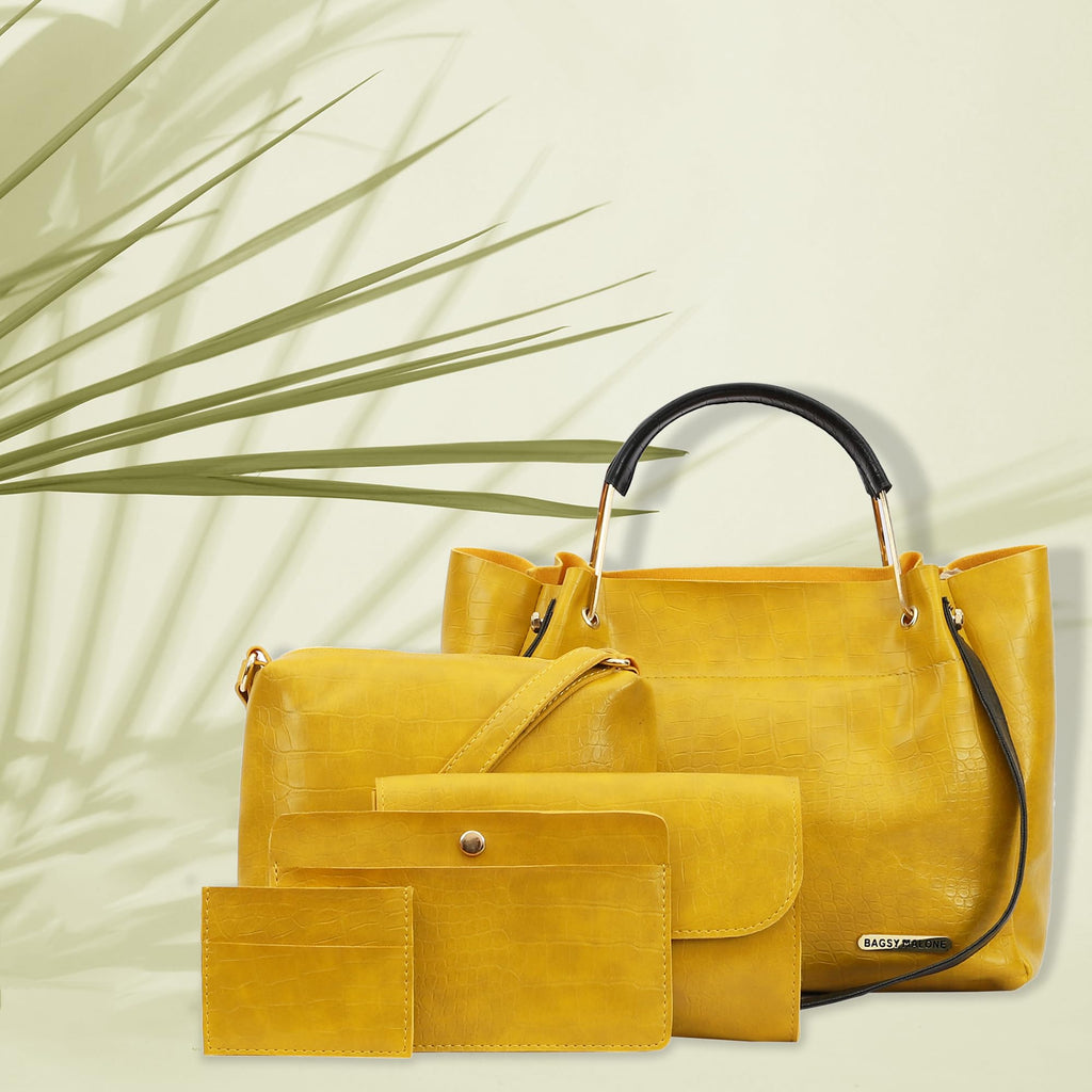 Bagsy Malone Women's Vegan Leather Stylish Tote Bag | Pack of 5 | Ladies Purse Handbag (Croco Yellow)