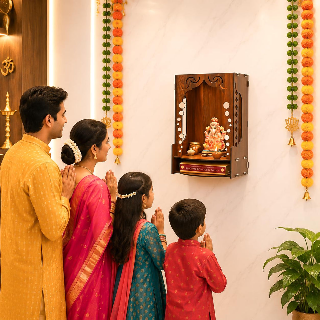 Gift Kya De Wooden Temple for Home Wall Mounted | LED Light Compact Pooja Mandir for Office, Flat, Living Room | Minimal Design Pooja Stand (DIY- H-16 x L-10 x W-7 Inch) (Modern Glow)