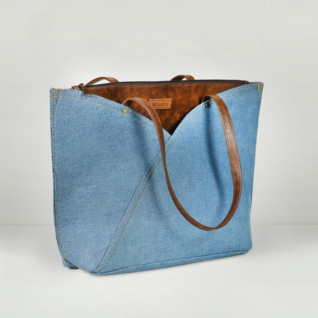 BHASTRA Classic Denim Tulip Tote Bag - Light Blue | 3 Compartment | Vegan Leather |Laptop|Tote Bags for Women For Office Use, Work | Ladies Stylish Shoulder Bag | Ethically Sourced-Ideal For Gifting
