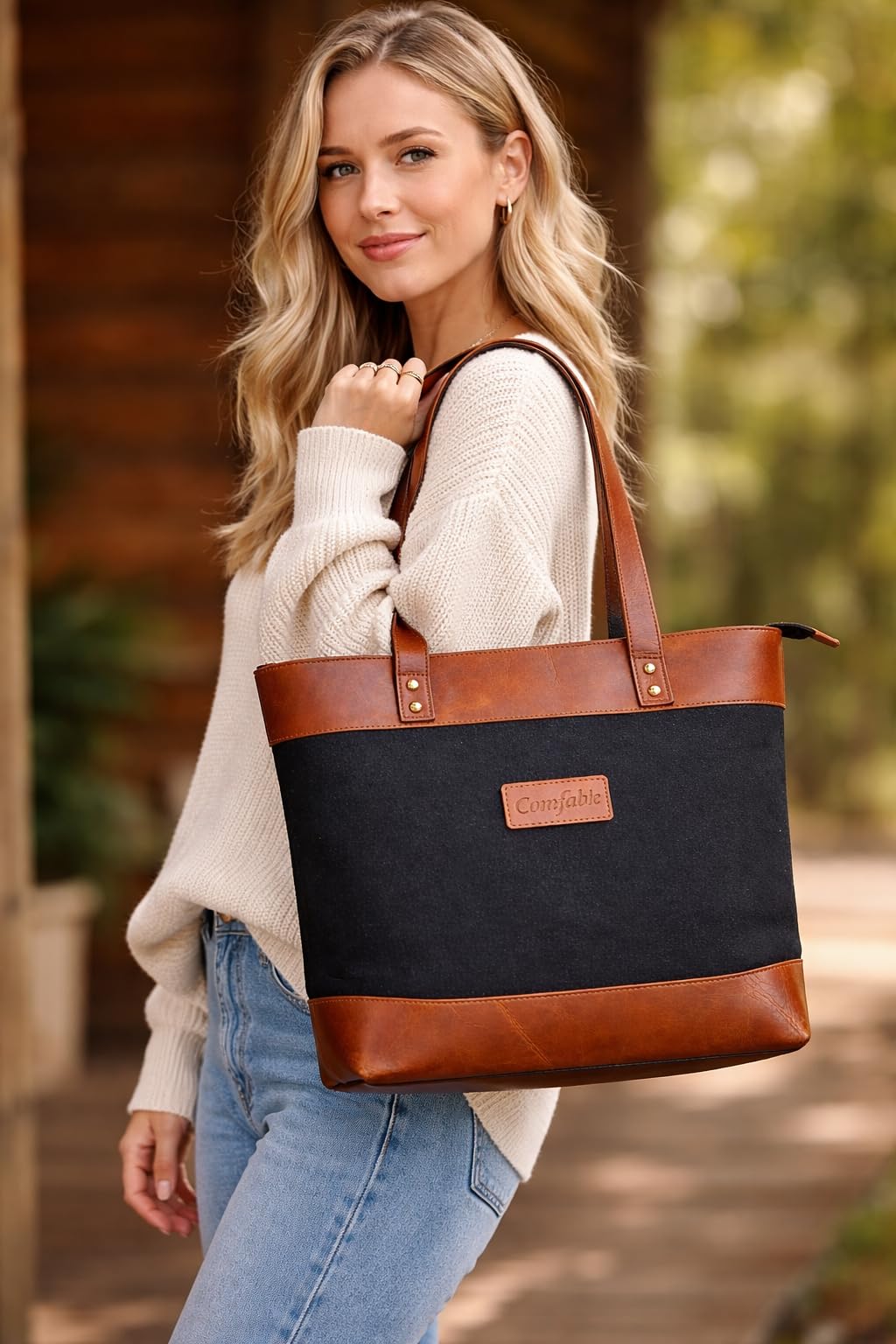 Comfabie tote Bag for Women Handcrafted Women's Canvas Bag with pure Leather Shoulder Tote Bag & Handbag for Office and College | Women Office Bag for Ladies | Ladies Purse Handbag (Black)