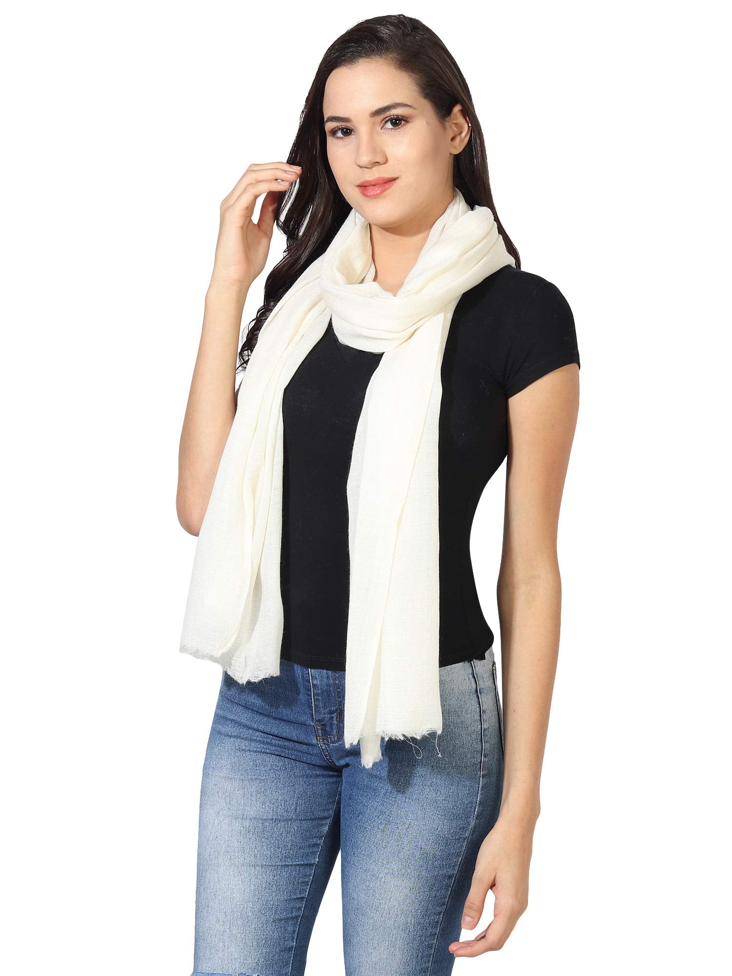MUFFLY Fine Blended Ultra Soft & Warm Wool Silk Unisex Pashmina Shawl, Stole & Wrap with Hanger (Cream white)