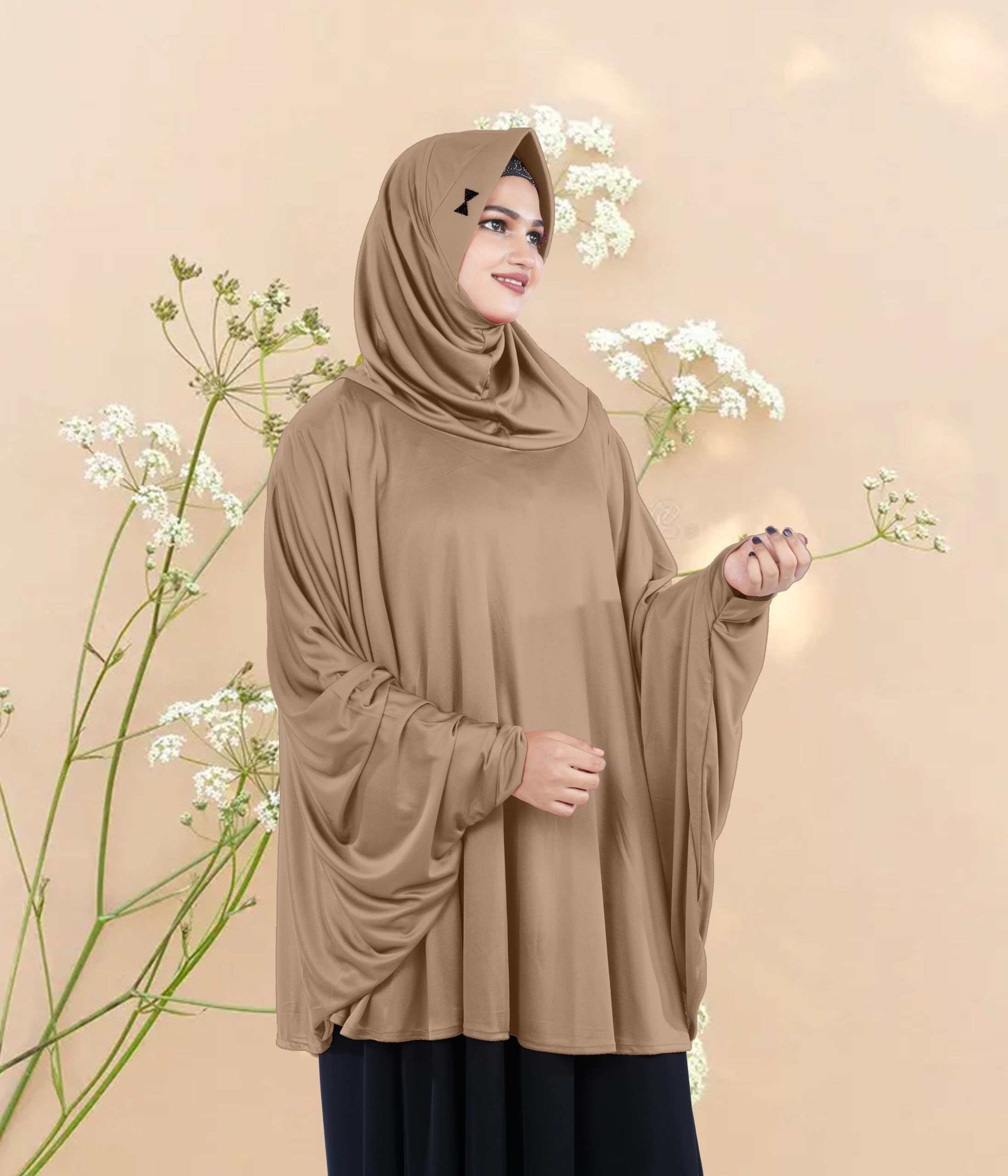 Mehar Hijab's Modest Women's Stylish Instant Sleeve Hijab Solid Polycotton Feel Good Fabric HANANA Sleeve Hijab Free Size (Dark Wheat)