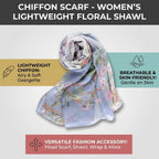 Tarini Chiffon Scarf, Women's Floral Print Chiffon Scarf, 160cm Lightweight Shawl, 8 Vibrant Colors Versatile Fashion Accessory