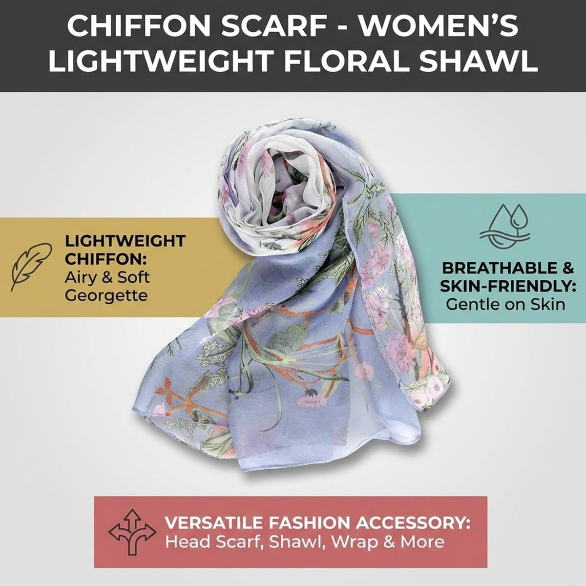 Tarini Chiffon Scarf, Women's Floral Print Chiffon Scarf, 160cm Lightweight Shawl, 8 Vibrant Colors Versatile Fashion Accessory