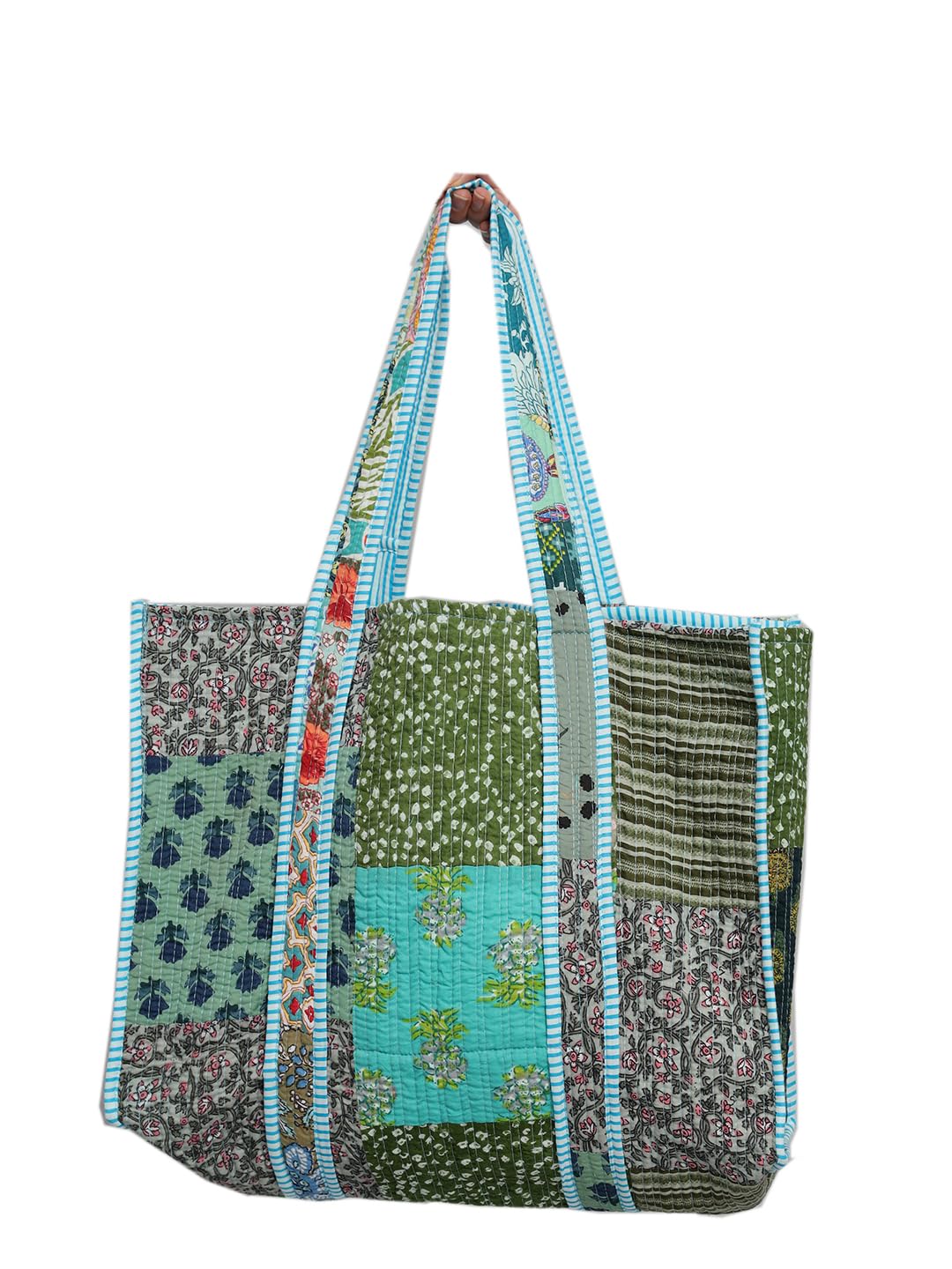 Ravaiyaa - Attitude is everything Patchwork Quilted Tote Bag Women Reversible Shoulder Bag Cotton Carry Bag Multipurpose Tote Bags (Turquoise)