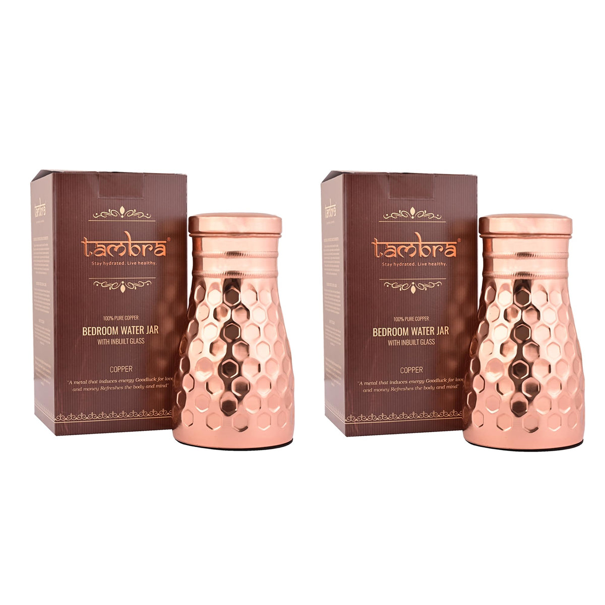 Tambra Copper Bedroom Jar with Inbuilt Glass | Diamond Design | Handcrafted, Leakproof, Jointless | Ayurvedic Benefits, Antioxidant Properties | 1200 ml (Pack of 2)