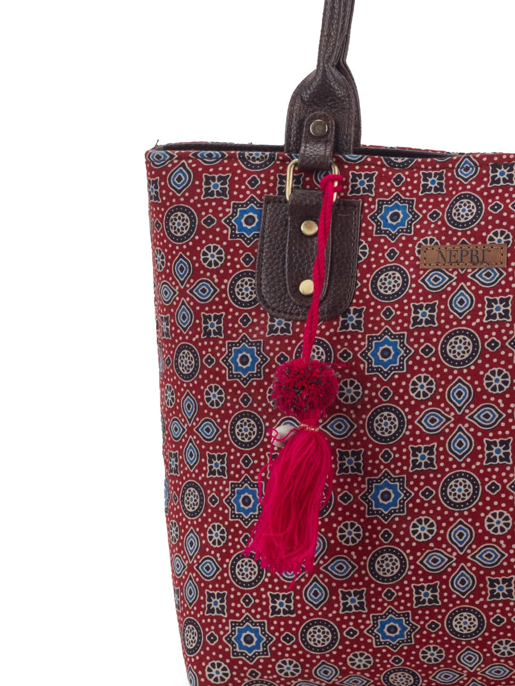 NEPRI Office Pouch Tote Bag | Stylish Set of 2 Tote Bags for Women| Vegan Leather & Handblock Printed Fabric Handbag with Double Handle Shoulder Strap| Daily & Travel Use | WPT-006-15