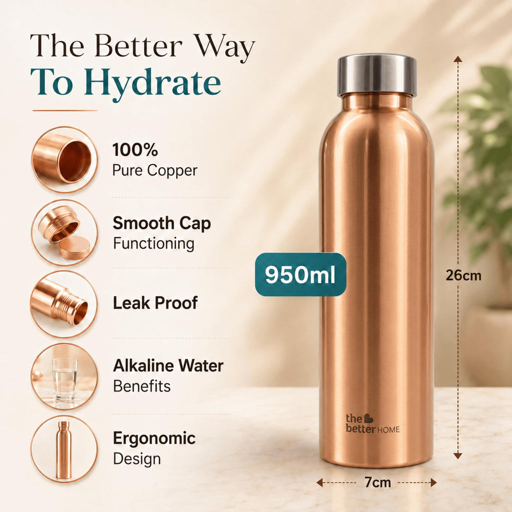 The Better Home Copper Water Bottle | 100% Pure Copper Bottle with Steel Cap | Drinking Water Bottle for Home, Office, Gym & Travel | Durable, Rust Free, Leak Proof, Eco-Friendly | 950ml Capacity
