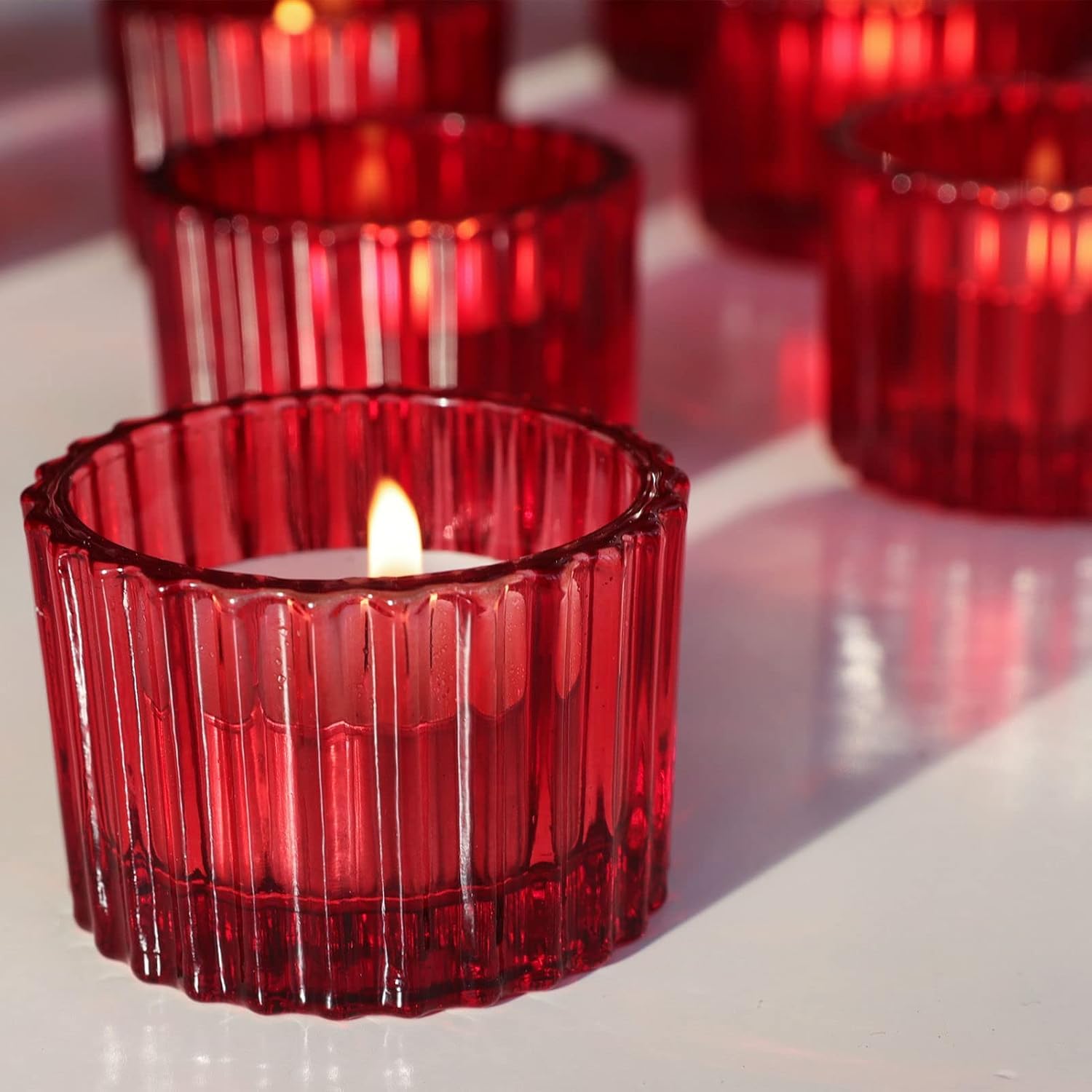 Mahganya Set of 6 Votive Glass Tealight Candle Holders - Christmas Decorations Items for Home Dcor Living Room Bedroom Dining Table (Red)