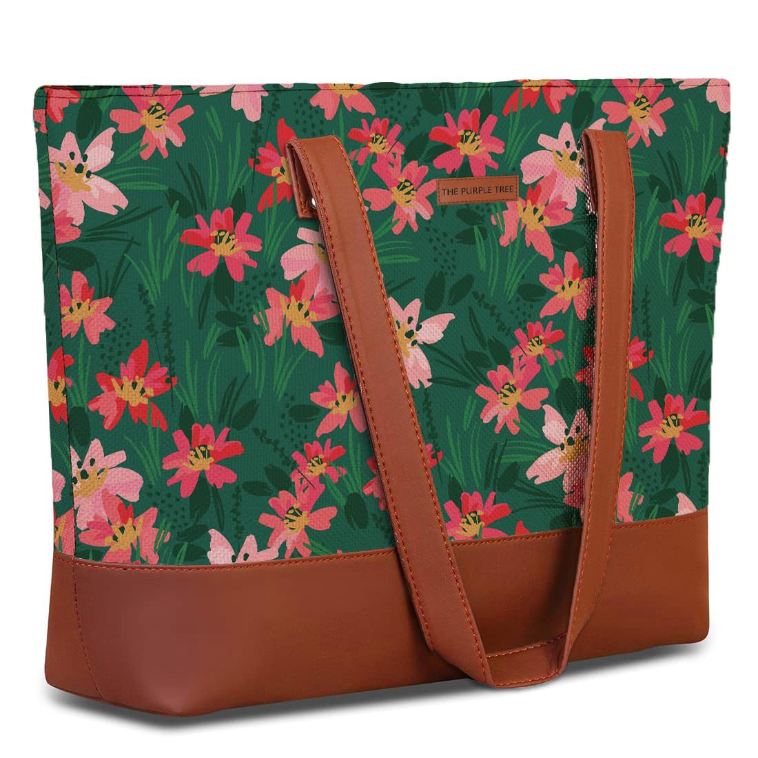 The Purple Tree Handcrafted Women's Tote Bag with Vegan Leather Handles & Indian Prints, Spring Floral Shoulder Tote and Handbag for Office and College, Oversized Tote Bag