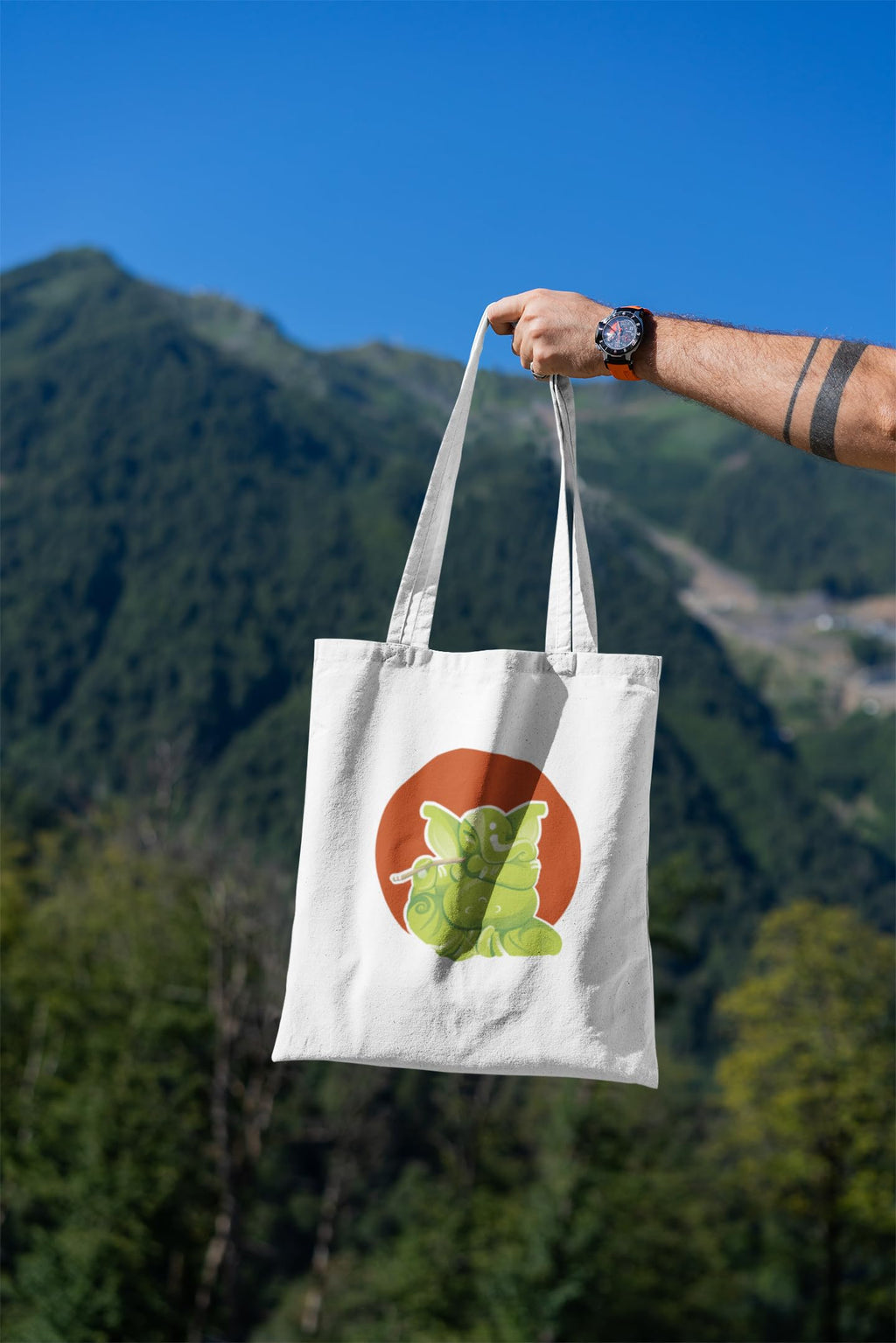 Green Ganesha - Canvas Tote Bag With Zipper by Anantakala (Eco-friendly Shopping Bag, Made of Cotton, Digital Print, Reusable, Washable)