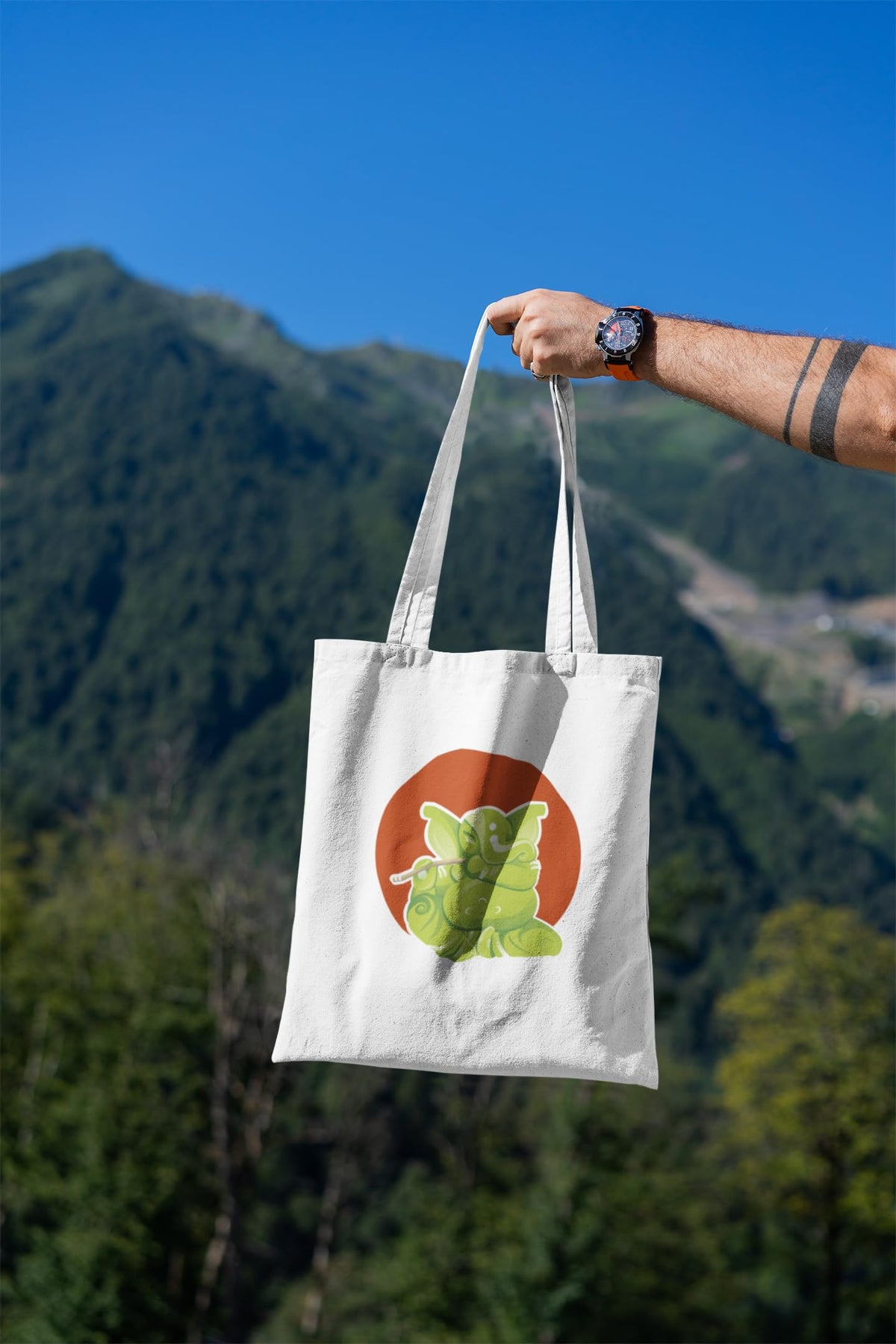 Green Ganesha - Canvas Tote Bag With Zipper by Anantakala (Eco-friendly Shopping Bag, Made of Cotton, Digital Print, Reusable, Washable)