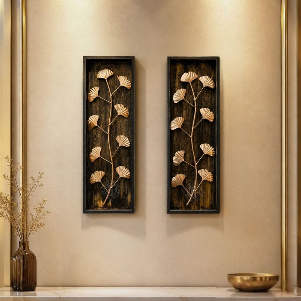 DSH Leaf Wall Art Panels Modern Rustic Home Décor Wall Hanging Sculpture for Living Room, Bedroom & Office (45X15 CM) Decoration Item (Ginkgo Leaf, 2 Frames)