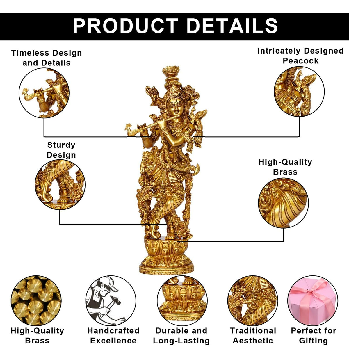 ARTVARKO™ Lord Murli Manohar Krishna Krishan Brass Statue Murti Gift & Home Décor Big Size- Height 14 Inches