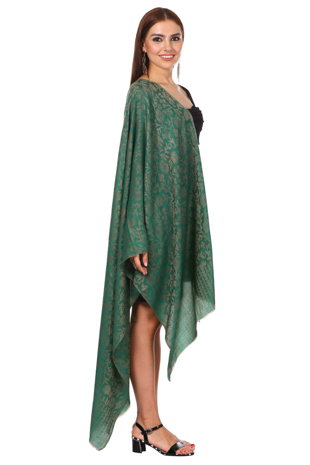 Pashtush Women's Fine Wool Jacquard Fine Wool Blended Luxury Floral Design Soft and Warm Scarf/Stole (Emerald Green, Free Size)