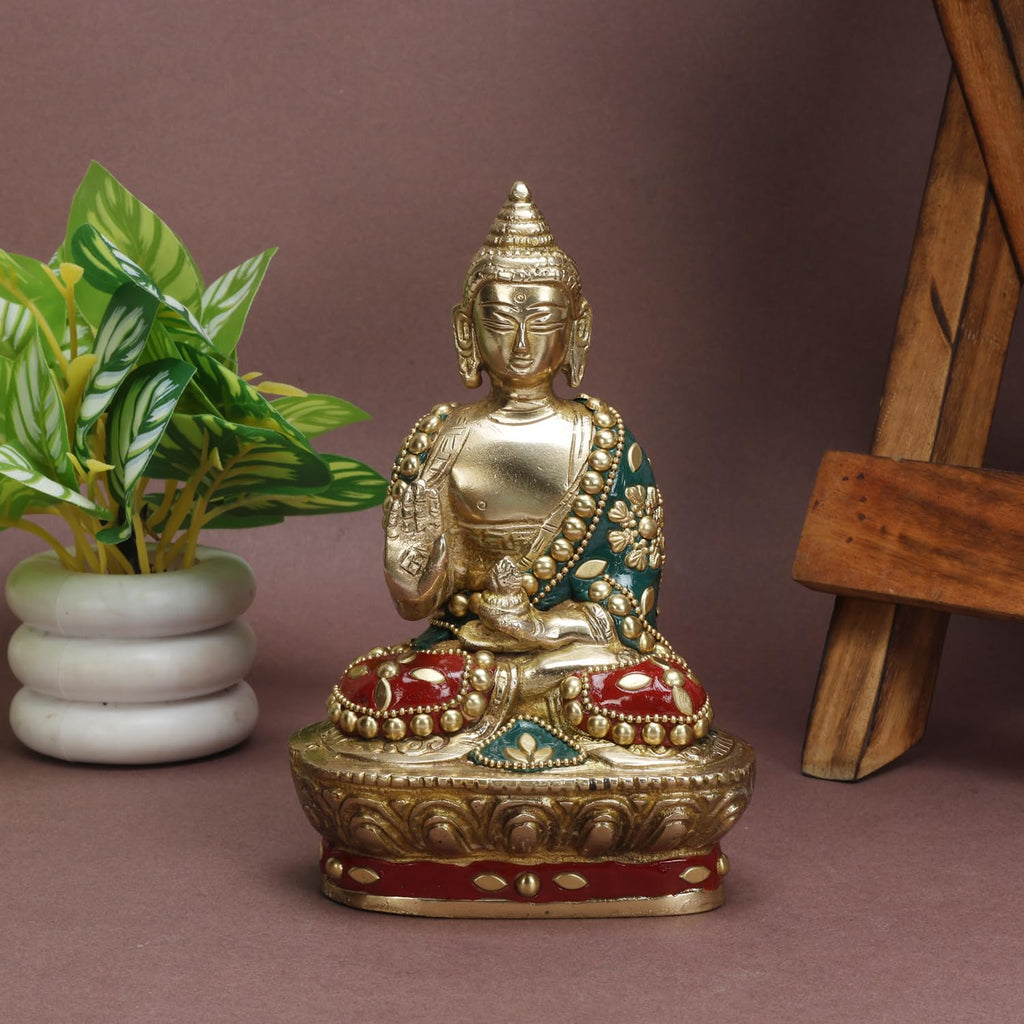 ARTVARKO Brass Buddha Statue 7 Inch with Inlay Stone Handwork | Blessing Buddha Idol for Home Décor, Meditation, Pooja Room, Office & Living Room | Spiritual Gift