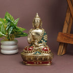 ARTVARKO Brass Buddha Statue 7 Inch with Inlay Stone Handwork | Blessing Buddha Idol for Home Décor, Meditation, Pooja Room, Office & Living Room | Spiritual Gift