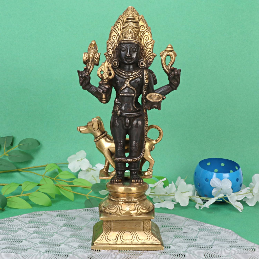 SVARUP Brass Kaal Bhairava with Dog Statue Maha Kala Murti Batuk Bhairava Puja Home Decor Idol Black Gold Color 11.5 Inch