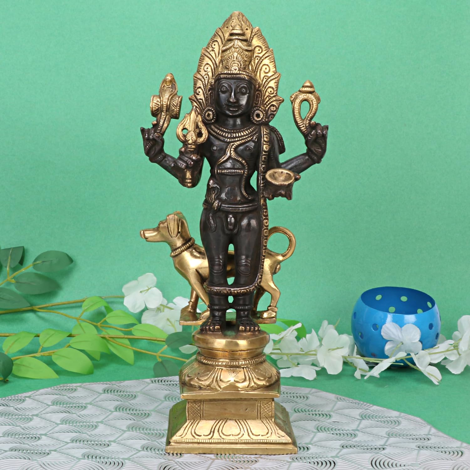 SVARUP Brass Kaal Bhairava with Dog Statue Maha Kala Murti Batuk Bhairava Puja Home Decor Idol Black Gold Color 11.5 Inch