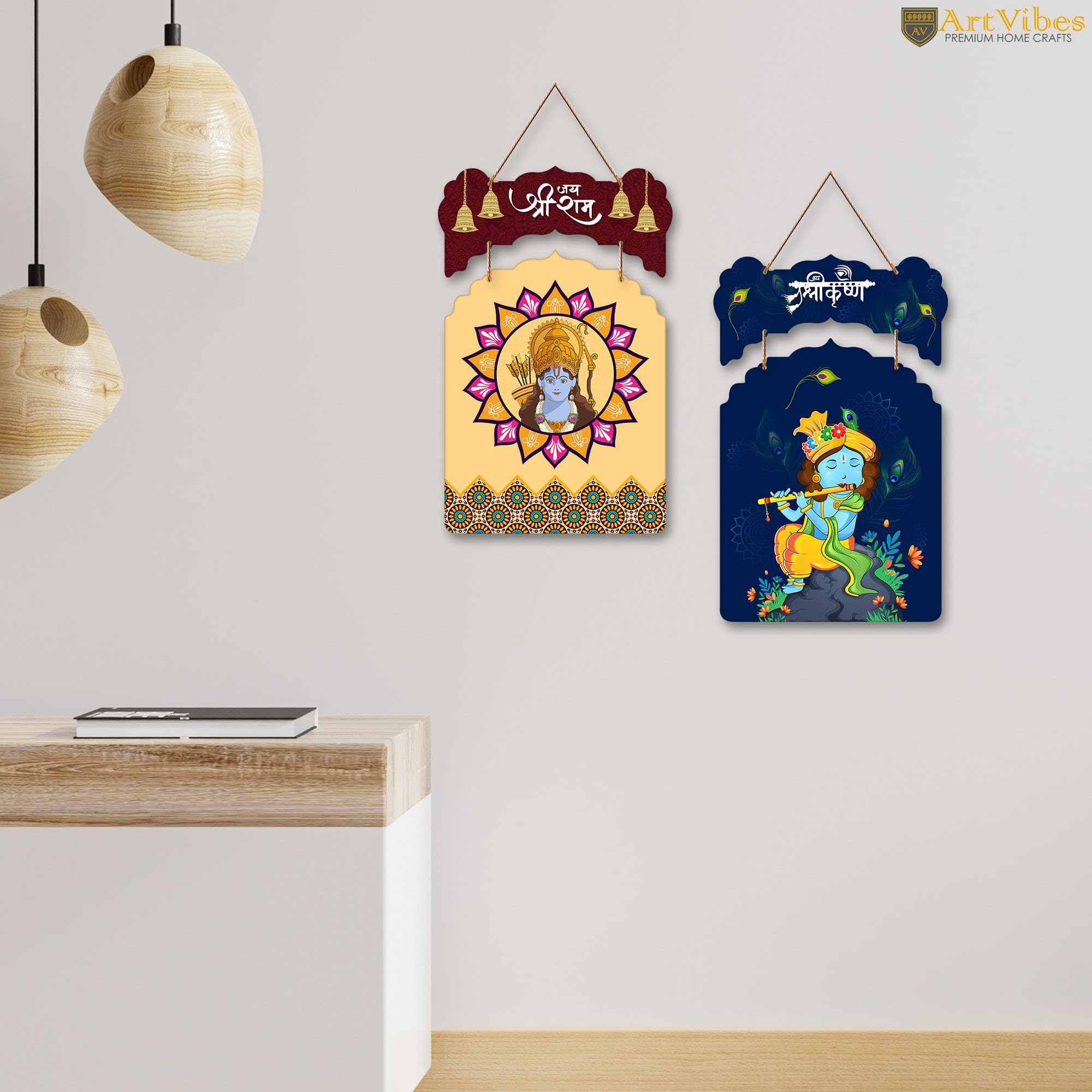 Artvibes Shri Ram and Krishna Wall And Door Hanging for Home Temple | Spiritual Decor Items | Religious Wall Art | Wall Poster | Artwork| Stylish Modern Decor Item | Gift Items (WH_9206N), Set of 2